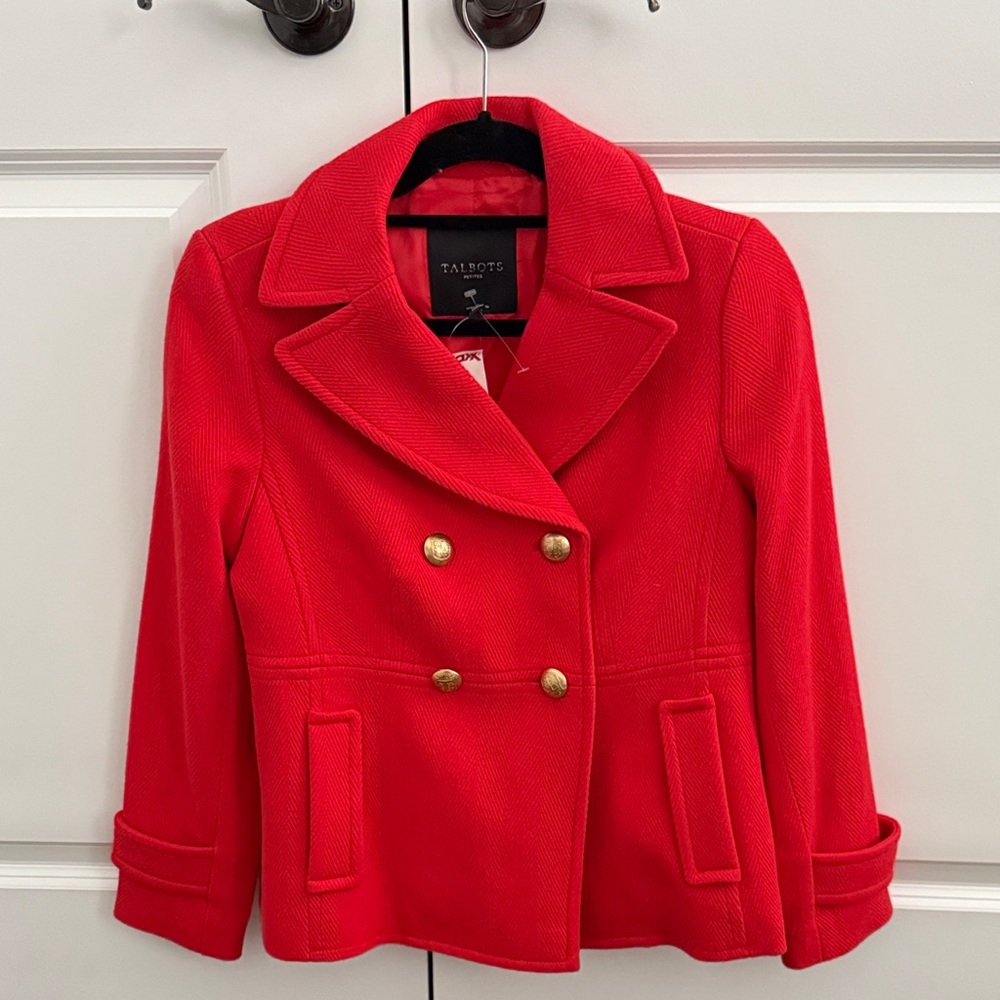 Talbots Bold Red Pea Coat with Gold Buttons